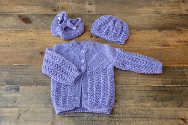 Mauve Lace Cardigan with matching Hat and Mary Jane's