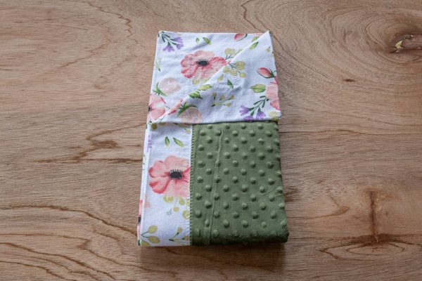 Pink and Purple Floral Blanket with Olive Minky Center, Folded